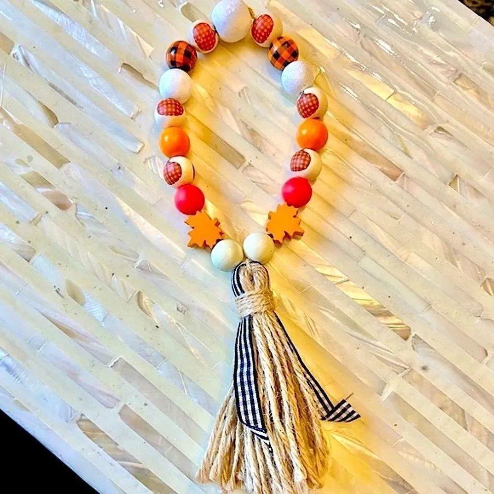 NEW Wood Bead Garland with Plaid Tassels